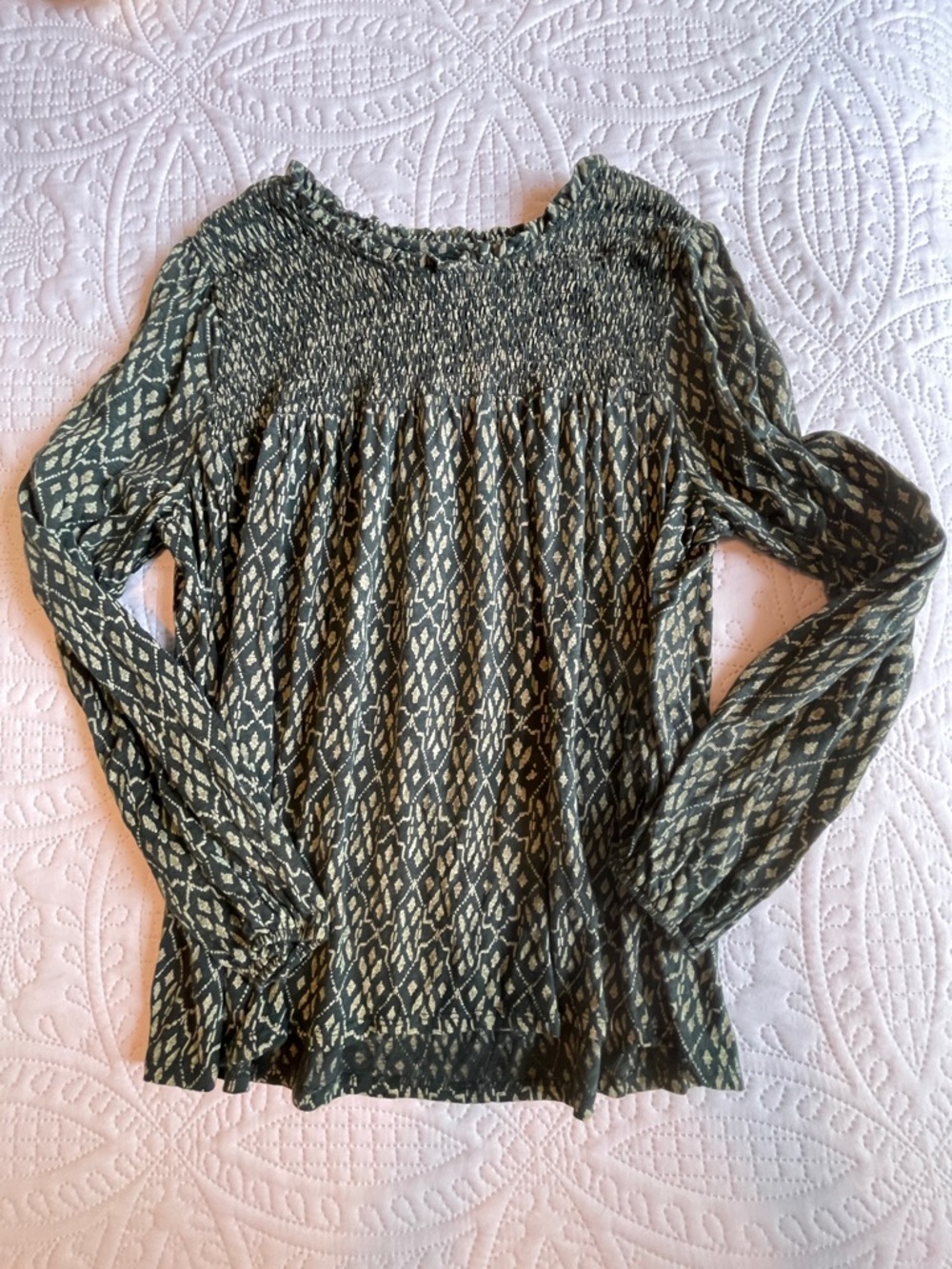 Wonderly Olive and Cream Smocked Yoke Long Sleeve Blouse - Picture 11 of 11